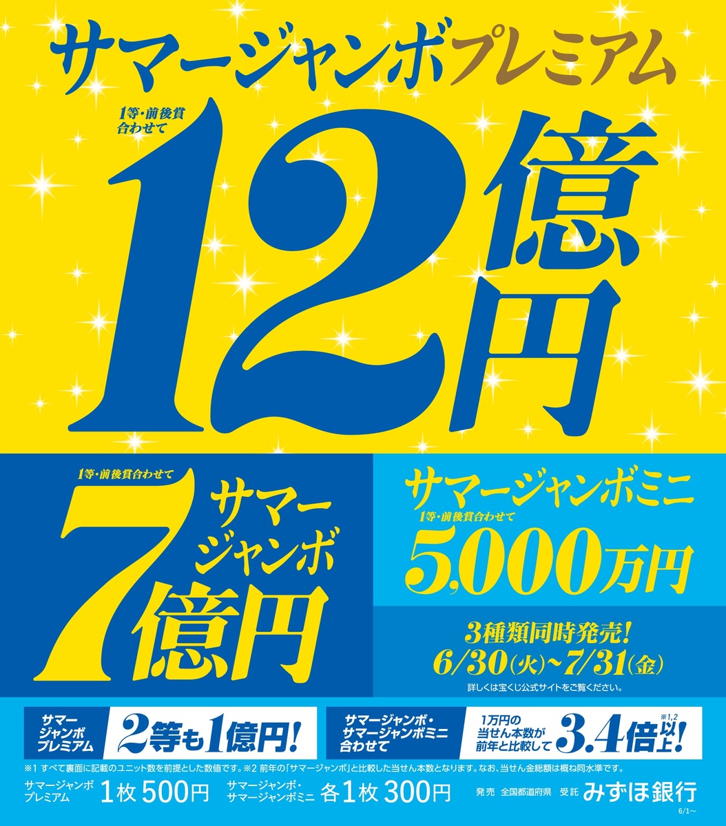6月30日から7月31日まで、3種類の『サマージャンボ宝くじ』を同時発売!